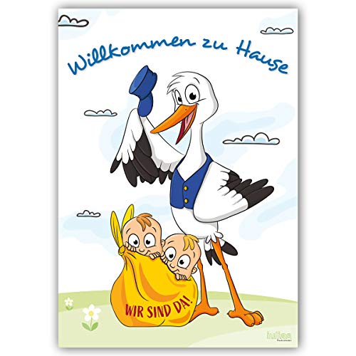 iulias Freude schenken! Willkommen zu Hause Zwillinge und Mama - Großes DIN A2 Poster zur Geburt - Begrüßungs-Plakat mit Storch nach der Geburt von Zwillingen von iulias Freude schenken!