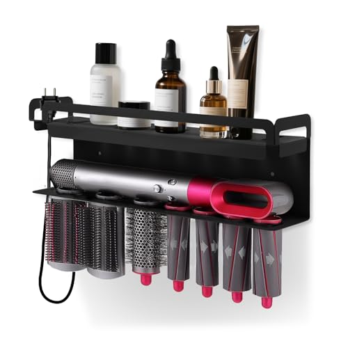 iulrtba Föhnhalter Wand Ohne Bohren, Föhn Halterung für Dyson Airwrap Zubehör, Wandhalterung Halter für 7 In 1 Styler Lockenstab Zubehör, Glätteisen Halterung für Bad (Schwarz) von iulrtba