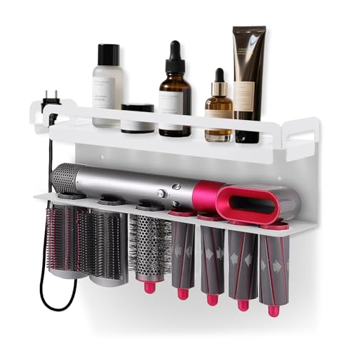 iulrtba Föhnhalter Wand Ohne Bohren, Wandhalterung Halter für 7 In 1 Styler Lockenstab Zubehör, Föhn Halterung für Dyson Airwrap Zubehör, für Bad Barbershop (Weiß) von iulrtba