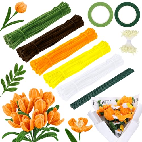 iulrtba Pfeifenreiniger Blumen Set, 600 Stück 5 Farben Pfeifenputzer zum Basteln, Pfeifenreiniger zum Basteln mit 350 Staubgefäße, 30 Basteldraht, 2 Blütenstiel Klebeband für Blumenstrauß DIY Deko von iulrtba