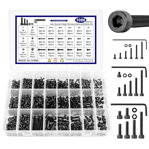 1080 Stück M2 M3 M4 Schrauben Set, Schrauben Muttern Set, Ausgestattet mit Schraubenschlüssel, aus Hochhartem Legiertem Stahl, Kann im Innen und Außenbereich Verwendet Werden Schraubenset von iuqiepo
