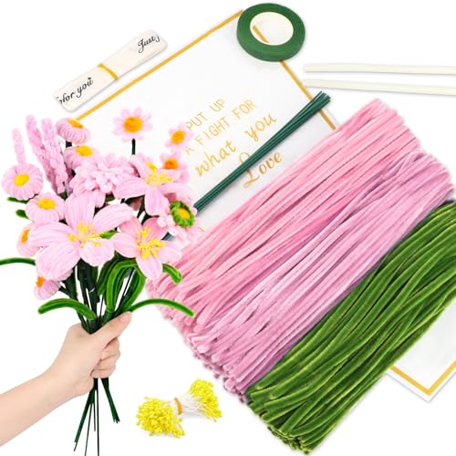 Pfeifenreiniger Blumen Set 316 Stück, Pfeifenputzer zum Basteln, 3 Farben (Grün, Rosa, Hellrosa), Pfeifenreiniger, Bastelset Erwachsene, basteln von iuqiepo