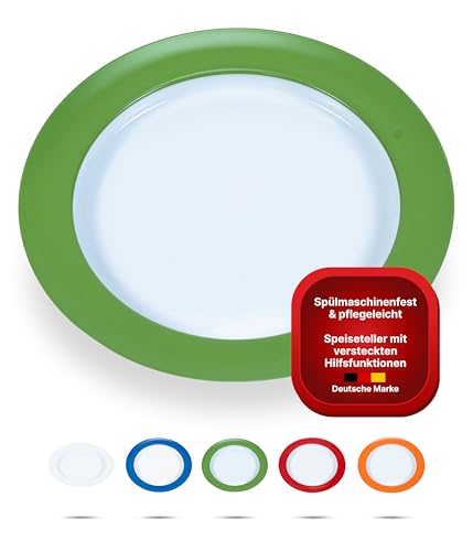 iuvas® unisonoPLUS Speiseteller Porzellan Grün 26 cm – Spezialteller mit Schiebekante, rutschfest, spülmaschinen- & mikrowellengeeignet – Ideal für Senioren & Menschen mit eingeschränkter Handfunktion von iuvas