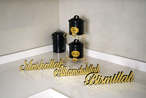 Bismillah Alhamdulilla Mashallah freistehende Holzdekor mit glänzendem Acryl-Finish (3 Stück, Gold) von iwa concept