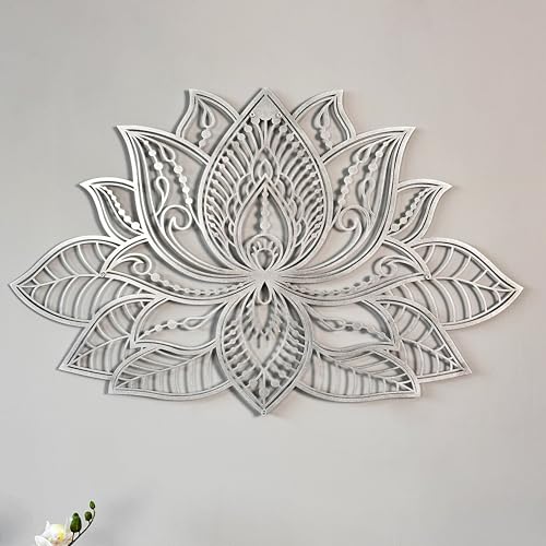 IWA CONCEPT 3D Mandala Metall Wanddekoration | Lotusblume Dekoration für Zuhause | Schlafzimmer Metall Wandkunst | | Büro Dekor | Wohnzimmer Dekor | Neujahr Geschenk | (67 x 43 cm, Silber) von iwa concept