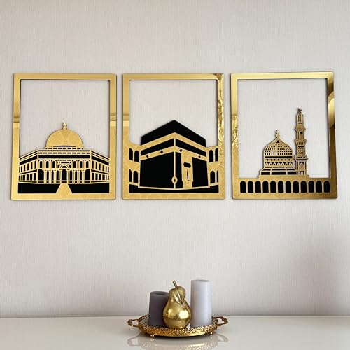 iwa concept Masjid Al Aqsa, Masjid Al-Haram & Masjid An-Nabawi islamische Wandkunst | Holz Acryl Kaaba Wanddekoration | Ramadan Dekoration | muslimisches Geschenk | (Medium, Gold | Alle drei) von iwa concept