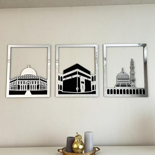 iwa concept Masjid Al Aqsa, Kaaba & Masjid An-Nabawi Islamische Wandkunst aus Holz, gesegnete Orte, islamische Wanddekoration, Geschenk für Muslime im Ramadan Eid (Medium, Silber | alle drei) von iwa concept