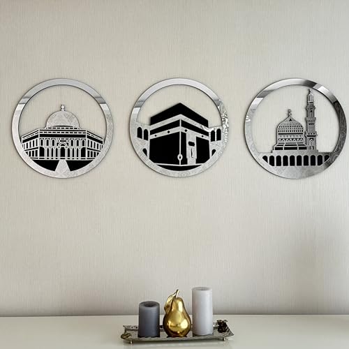 iwa concept Set von Masjid Al Aqsa, Masjid Al-Haram & Masjid An-Nabawi islamische Wandkunst | Holz Acryl Kaaba Wanddekoration | Ramadan Dekoration | muslimisches Geschenk | (klein, silber) von iwa concept