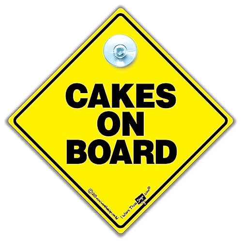 Cakes on Board Schild, Caks Auto Schild, Cake Being Transported Schild, Cake in Car Schild, Caution Cake On Board, Kuchen Lieferschild, Kuchen Warnschild, gelb und schwarz Schild 14 cm x 14 cm von iwantthatsign.com