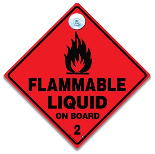 Warnschild "Flammable Liquid On Board", Diamant-Gefahrenklasse 2, Rot und Schwarz, mit Saugnapfhalterung zum Aufhängen an der Innenseite des Fensters nach außen von iwantthatsign.com