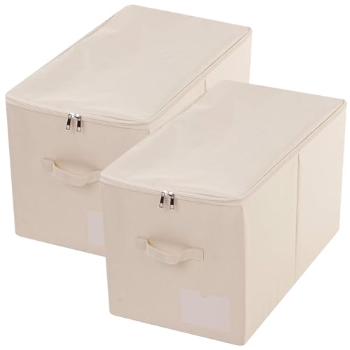 iwill CREATE PRO 56 (L) x 32 (B) x 33 cm (H), großer Schrank-Aufbewahrungskorb mit Deckel, Zusammenklappbarer Aufbewahrungswürfel/Organizer aus Stoff mit Griffen, Einfarbig Beige, 2 Stück von iwill CREATE PRO