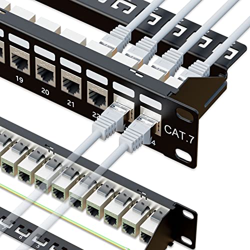iwillink 10 Gbps Cat7 Patchpanel mit 24 Anschlüsse, RJ45 Durchgangs Koppler 1U, geschirmtes Patchpanel STP(19 Zoll) mit Rückleiste, Wandhalterung oder Rackmount kompatibel mit Cat7, Cat6A von iwillink