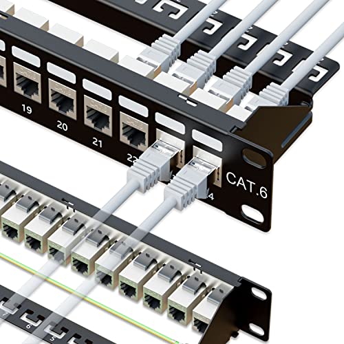 iwillink 10Gbps Patchpanel 24 Ports, RJ45 Durchgangskoppler Cat6 Patchpanel, STP geschirmte Patchpanels 48,3 cm 1U mit Rückleiste, Wandhalterung oder Rackmount, kompatibel mit Cat5, Cat5e, Cat6 von iwillink