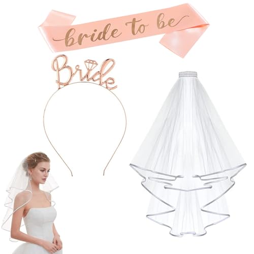 iwontalersy 3 Stück Bride to Be Schärpe und Schleier,JGA Accessoires Frauen Junggesellenabschied Tiara,Rosegold Stirnband Tiara,Brautaccessoires zur Hochzeit von iwontalersy
