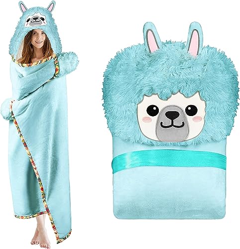 iyoimono Blaues Lama Alpaka Tragbare Decke Lama Alpaka Geschenke Sofadecke Kuscheldecke Lama Alpaca Wearable Hooded Blanket Geschenke für Frauen Erwachsene Mädchen und Kinder 152 * 125cm von iyoimono