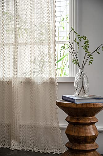 iyoimono Boho 2er Set Gardinen Beige weiß Vintage Vorhänge Landhausstil Häkeln Stricken Gardinen,Baumwolle Leinen Quaste Lace Transparent Vorhang für Küche Wohnzimmer Schlafzimmer,2 Stück,B150×H180cm von iyoimono