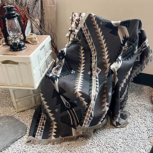 iyoimono Boho Decke Sofa überwurfdecke 130x160cm, Schwarz Geometrisch Wohndecke Strick Quaste Kuscheldecke Sofadecke Couch Decken Picknick Camping Decken Für Bett Couch Und Sessel Tische von iyoimono