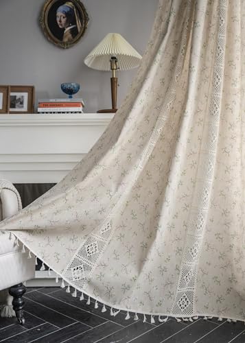 iyoimono Boho Vorhänge 2er Set Beige Blumen Vintage Vorhänge Landhausstil Häkeln Stricken Gardinen,Baumwolle Leinen Quaste Transluzente Vorhang für Küche Wohnzimmer Schlafzimmer,B150×H240cm von iyoimono