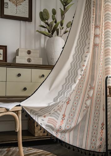 iyoimono Boho Vorhänge 2er Set Orange Geometrie Vintage Vorhänge Landhausstil Häkeln Stricken Gardinen,Baumwolle Leinen Quaste Transluzente Gardinen für Küche Wohnzimmer Schlafzimmer,B150×H160cm von iyoimono