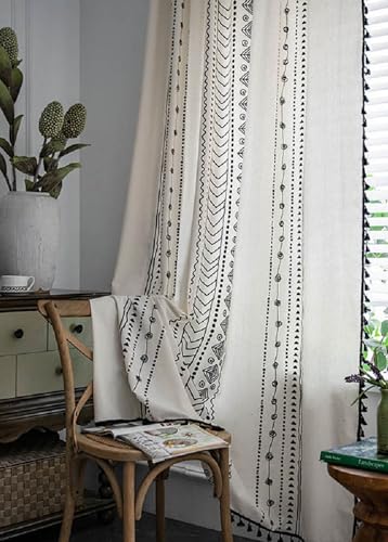 iyoimono Boho Vorhänge 2er Set Schwarz Geometrisch Vintage Vorhänge Landhausstil Häkeln Stricken Gardinen,Baumwolle Leinen Quaste Transparent Vorhang für Küche Wohnzimmer Schlafzimmer,B150×H240cm von iyoimono