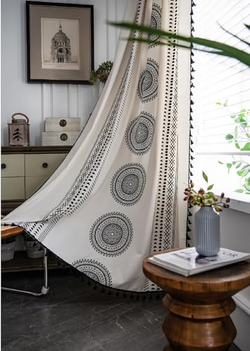 iyoimono Boho Vorhänge 2er Set Schwarz Vintage Vorhänge Landhausstil Häkeln Stricken Gardinen,Baumwolle Leinen Quaste Transluzente Verdunklung Gardinen für Küche Wohnzimmer Schlafzimmer,B150×H240cm von iyoimono