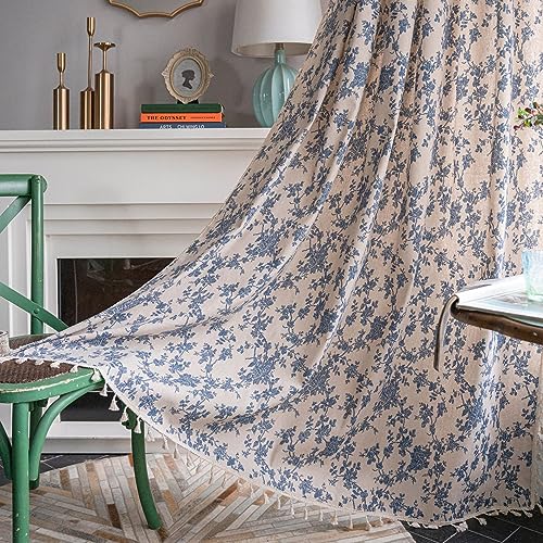 iyoimono Boho Vorhänge Beige Blaue Blumen Blickdicht Gardinen mit Quaste Baumwolle Leinen Landhausstil Häkeln Stricken Gardinen Vorhang für Küche Wohnzimmer Schlafzimmer,2 Stück,150x160cm von iyoimono