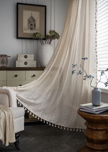 iyoimono Boho Vorhänge Beige Lace Vintage Vorhänge Landhausstil Häkeln Stricken Gardinen,Baumwolle Leinen Quaste Transluzente Gardinen für Küche Wohnzimmer Schlafzimmer,2 Stück,B150×H260cm von iyoimono