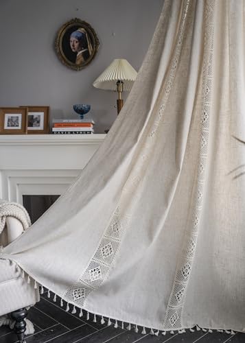 iyoimono Boho Vorhänge Beige Leinen Muster Vintage Vorhänge Landhausstil Häkeln Stricken Gardinen,Polyester Baumwolle Lace Transparent Vorhang für Küche Wohnzimmer Schlafzimmer,2 Stück,B150×H160cm von iyoimono