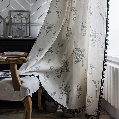 iyoimono Boho Vorhänge Beige Schwarz Blumen Blickdicht Gardinen mit Quaste Baumwolle Leinen Landhausstil Häkeln Stricken Gardinen Vorhang für Küche Wohnzimmer Schlafzimmer,2 Stück,150x200cm von iyoimono