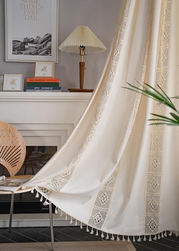 iyoimono Boho Vorhänge Beige Vintage Gardinen Landhausstil Häkeln Stricken Vorhänge,Baumwolle Leinen Quaste Transluzente Verdunklung Gardinen für Küche Wohnzimmer Schlafzimmer,2 Stück,B150×H280cm von iyoimono