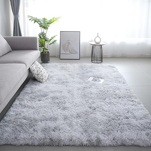 iyoimono Flauschiger Hochflor Rechteckig Teppich Wohnzimmer Schlafzimmer Teppich Moderne Stilvoll Rug 100x160cm Abriebfest Anti-Rutsch Waschbar Hellgrau Weiß Teppich von iyoimono