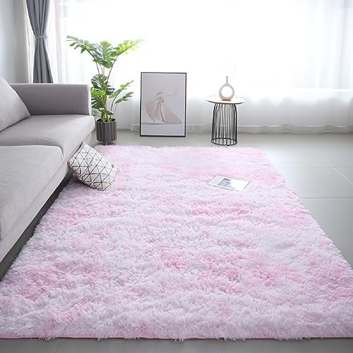 iyoimono Flauschiger Hochflor Rechteckig Teppich Wohnzimmer Schlafzimmer Teppich Moderne Stilvoll Rug 100x160cm Abriebfest Anti-Rutsch Waschbar Rosa Weiß Teppich von iyoimono