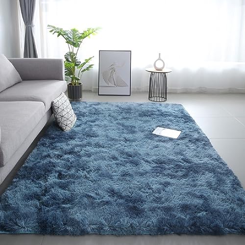 iyoimono Flauschiger Hochflor Rechteckig Teppich Wohnzimmer Schlafzimmer Teppich Moderne Stilvoll Rug 120x200cm Abriebfest Anti-Rutsch Waschbar Dunkelblau Teppich von iyoimono