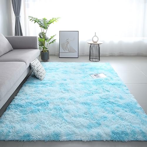 iyoimono Flauschiger Hochflor Rechteckig Teppich Wohnzimmer Schlafzimmer Teppich Moderne Stilvoll Rug 120x200cm Abriebfest Anti-Rutsch Waschbar Hellblau Teppich von iyoimono