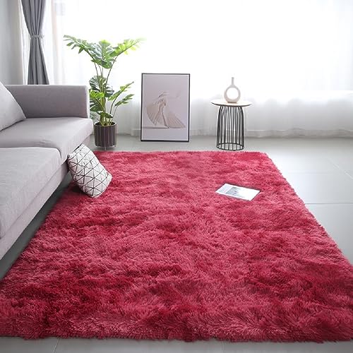 iyoimono Flauschiger Hochflor Rechteckig Teppich Wohnzimmer Schlafzimmer Teppich Moderne Stilvoll Rug 200x200cm Abriebfest Anti-Rutsch Waschbar Burgunderrot Teppich von iyoimono