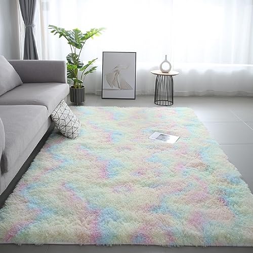 iyoimono Flauschiger Hochflor Rechteckig Teppich Wohnzimmer Schlafzimmer Teppich Moderne Stilvoll Rug 80x200cm Abriebfest Anti-Rutsch Waschbar Regenbogen Teppich von iyoimono