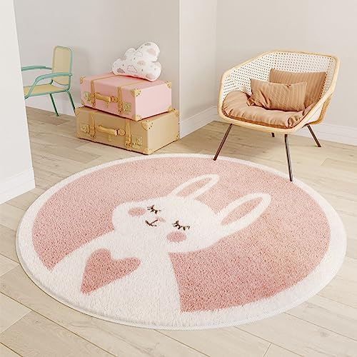 iyoimono Kinderzimmer Teppich Rund 140cm Beige Muster Kinderteppich, Spielteppich für Wohnzimmer Dekorative Schlafzimmer Kurzer Plüsch Schöner Rutschfester Teppich Rosa Hase Runder Haustierteppich von iyoimono