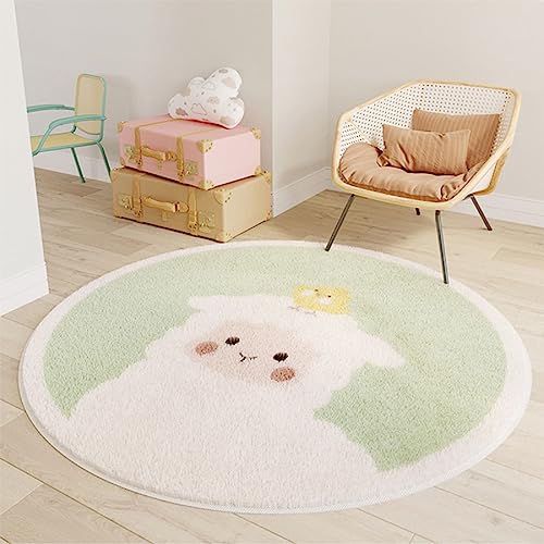 iyoimono Kinderzimmer Teppich Rund 140cm Kinderteppich, Spielteppich für Wohnzimmer Dekorative Schlafzimmer Kurzer Plüsch Schöner Rutschfester Teppich Grünes Schaf Runder Haustierteppich von iyoimono