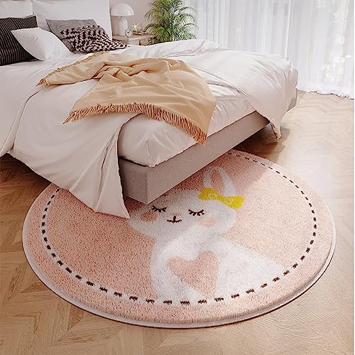 iyoimono Rosa Liebeshäschen Teppich Rund 160cm Kinderteppich Baumwollteppich Groß Teppich Waschbar Vintage Teppich für Kinderzimmer Schlafzimmer Wohnzimmer Küche Indoor Outdoor von iyoimono