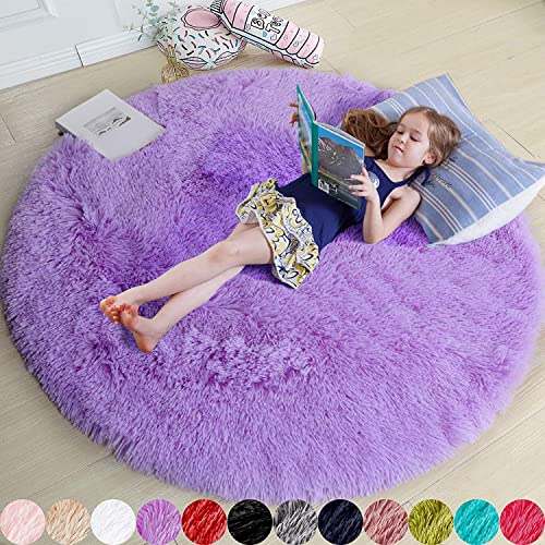 iyoimono Schlafzimmer Plüsch Teppich Rund,Flauschiger Teppich für Wohnzimmer,modernes Wohnzimmer,Mädchen,weicher und Flauschiger Teppich für das Schlafzimmer Kindermatte(Violett,Ø 160 cm Rund) von iyoimono