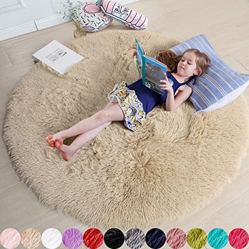 iyoimono Schlafzimmer Shaggy Plüsch Runden Teppich Bunte Batik Faux Flauschiger Samt Moderne Innenteppiche Lange Haare Fell Optik Gemütliches Bettvorleger Sofa Matte Carpet(Beige,140x 140 cm) von iyoimono