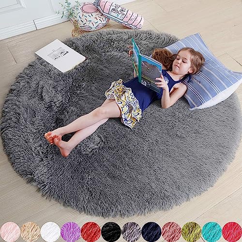 iyoimono Schlafzimmer Shaggy Plüsch Runden Teppich Bunte Batik Faux Flauschiger Samt Moderne Innenteppiche Lange Haare Fell Optik Gemütliches Bettvorleger Sofa Matte Carpet(Grau,140x 140 cm) von iyoimono