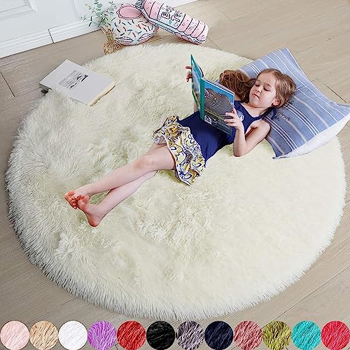 iyoimono Teppich Rund Hochflor Teppich Wohnzimmer Teppich Langflor Teppiche für Wohnzimmer flauschig Shaggy Schlafzimmer Kinderzimmer Bettvorleger Outdoor Carpet(Ø 120 cm Rund,Elfenbein) von iyoimono