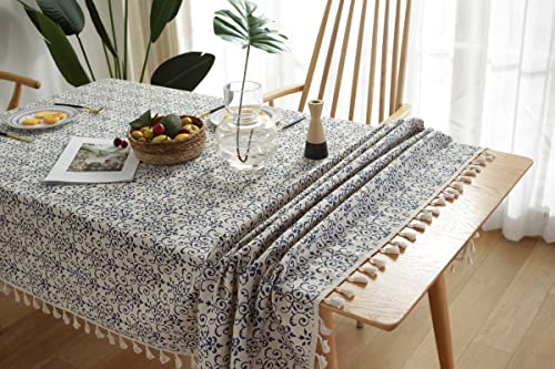 iyoimono Tischdecke Quaste Tischdecke Rechteckige Abwaschbar Baumwolle Leinen Tischtuch für Küche Esszimmer Picknick Tischdekoration Tischdecke Rechteck Couchtisch（140x300，Blau und weiß Seladon） von iyoimono