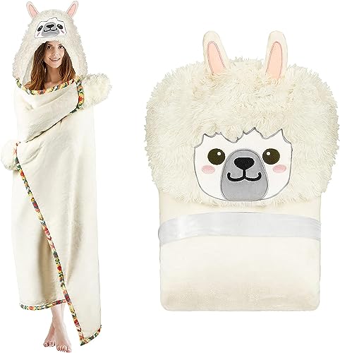 iyoimono Weiße Lama Alpaka Tragbare Decke Lama Alpaka Geschenke Sofadecke Kuscheldecke Lama Alpaca Wearable Hooded Blanket Geschenke für Frauen Erwachsene Mädchen und Kinder 152 * 125cm von iyoimono