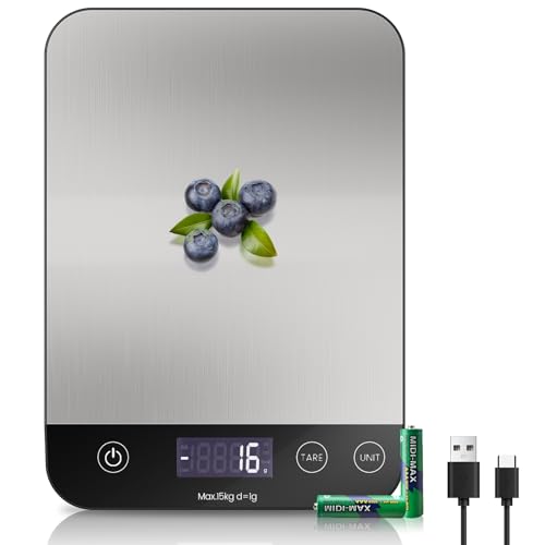 Wiederaufladbar Digitale Küchenwaage, USB C Elektronik Küchenwaage, 15 kg Hochpräzise 1g/0.1oz Lebensmittelwaage, Professionell mit harter Funktion, Batterien enthalten von izeyu