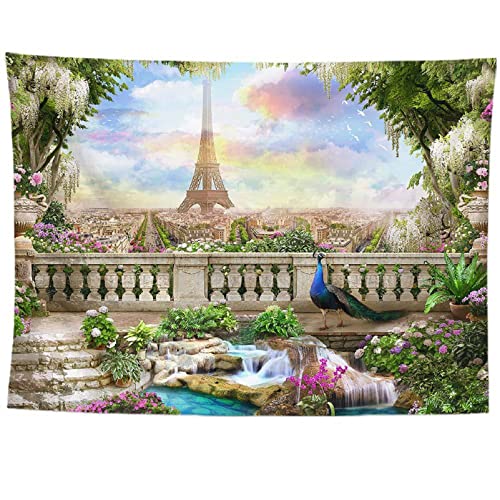 izielad Eiffel Wandteppich Balkon des Schlosses Baum Blume Pfau Vintage Wandbehang Wandteppich für Schlafzimmer Wohnzimmer 180X230CM 70.8X90.5IN von izielad