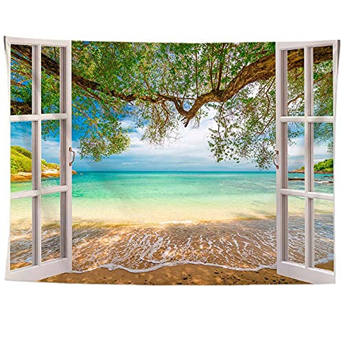 izielad Fenster Meer Strand Baum Landschaft Wandbehang Tapisserie 100X150CM 39.3X59IN von izielad