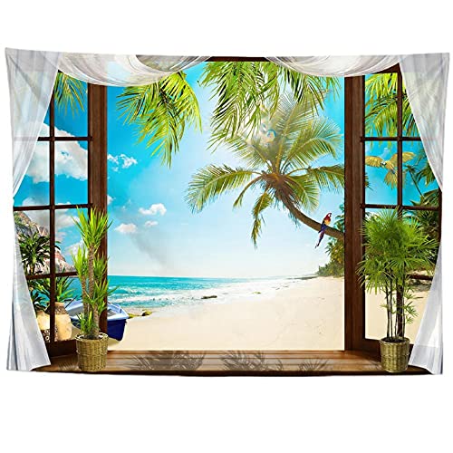 izielad Fenster Meer Strand Kokosnussbaum Wandbehang Tapisserie für Schlafzimmer Wohnzimmer Wohnheim 180X230CM 70.8X90.5IN von izielad