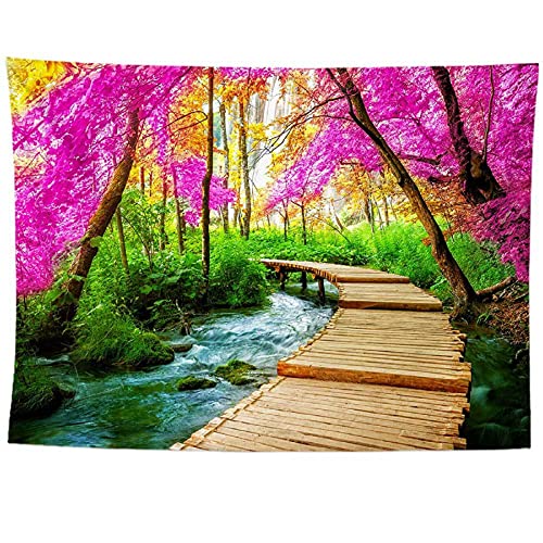 izielad Fluss Lila Blumen Baum Holzbrücke Natur Landschaft Tapisserie Wandkunst für Zimmer Wohnkultur 150X200CM 59X78.7IN von izielad